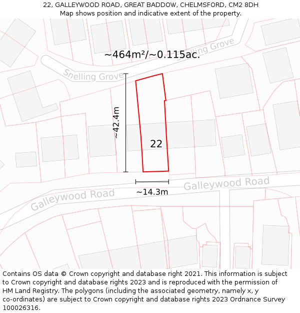 22, GALLEYWOOD ROAD, GREAT BADDOW, CHELMSFORD, CM2 8DH: Plot and title map