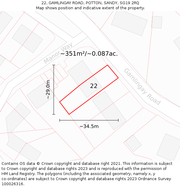 22, GAMLINGAY ROAD, POTTON, SANDY, SG19 2RQ: Plot and title map