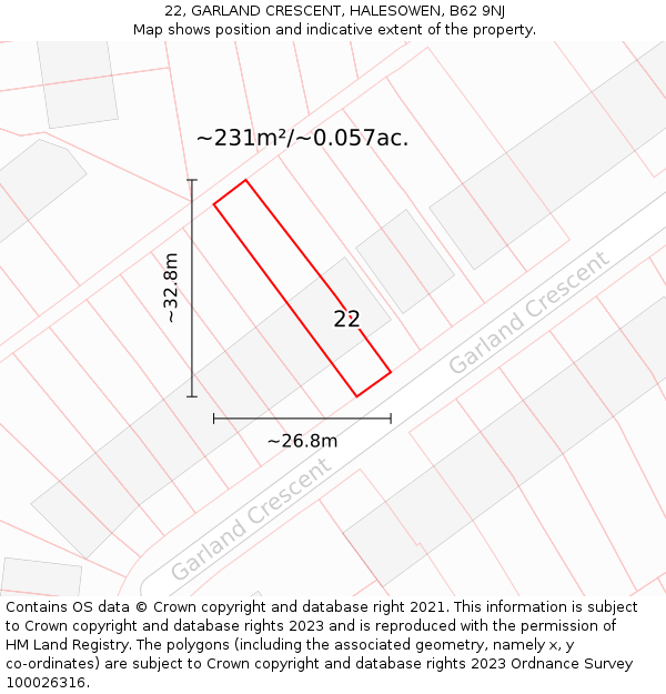 22, GARLAND CRESCENT, HALESOWEN, B62 9NJ: Plot and title map