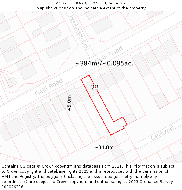 22, GELLI ROAD, LLANELLI, SA14 9AT: Plot and title map