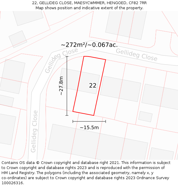 22, GELLIDEG CLOSE, MAESYCWMMER, HENGOED, CF82 7RR: Plot and title map