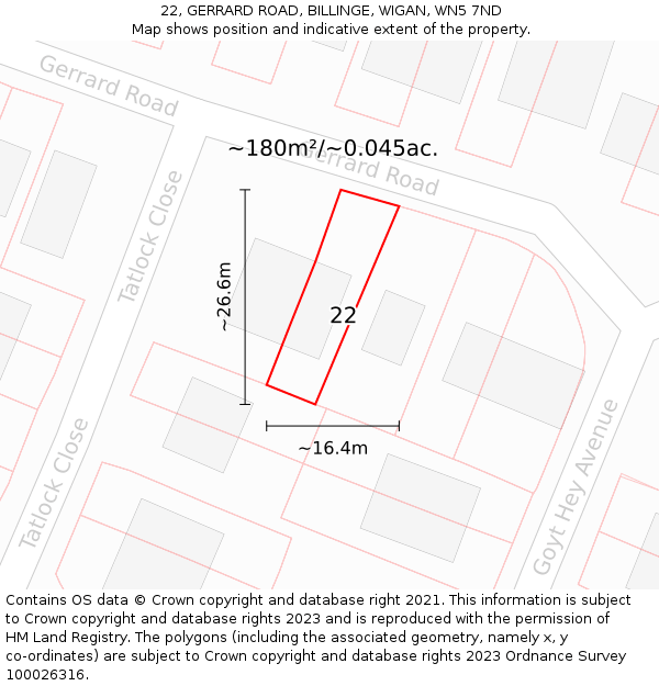 22, GERRARD ROAD, BILLINGE, WIGAN, WN5 7ND: Plot and title map