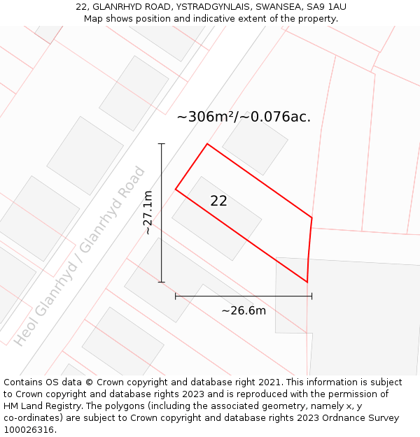 22, GLANRHYD ROAD, YSTRADGYNLAIS, SWANSEA, SA9 1AU: Plot and title map