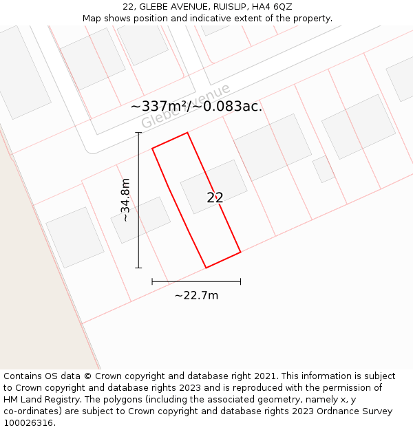 22, GLEBE AVENUE, RUISLIP, HA4 6QZ: Plot and title map