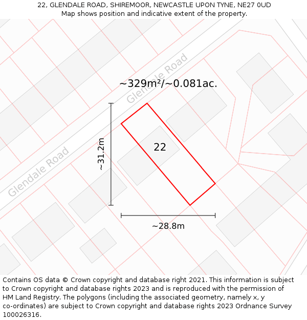 22, GLENDALE ROAD, SHIREMOOR, NEWCASTLE UPON TYNE, NE27 0UD: Plot and title map