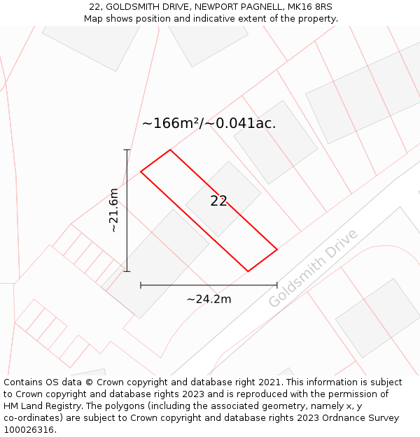 22, GOLDSMITH DRIVE, NEWPORT PAGNELL, MK16 8RS: Plot and title map