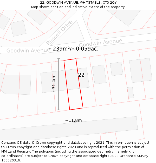 22, GOODWIN AVENUE, WHITSTABLE, CT5 2QY: Plot and title map