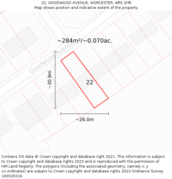 22, GOODWOOD AVENUE, WORCESTER, WR5 2HR: Plot and title map