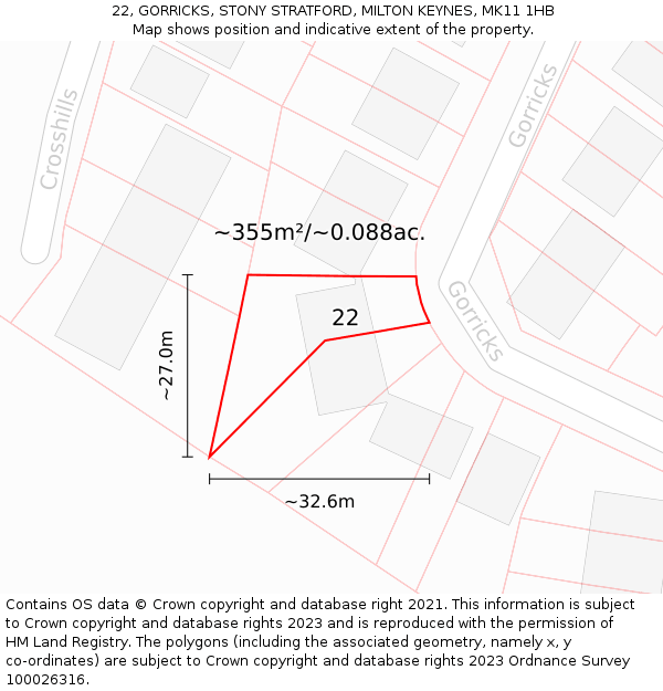 22, GORRICKS, STONY STRATFORD, MILTON KEYNES, MK11 1HB: Plot and title map