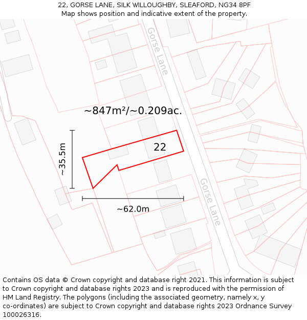 22, GORSE LANE, SILK WILLOUGHBY, SLEAFORD, NG34 8PF: Plot and title map