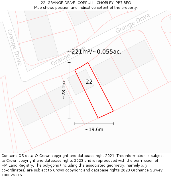 22, GRANGE DRIVE, COPPULL, CHORLEY, PR7 5FG: Plot and title map