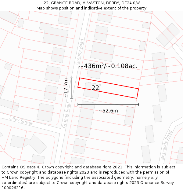 22, GRANGE ROAD, ALVASTON, DERBY, DE24 0JW: Plot and title map