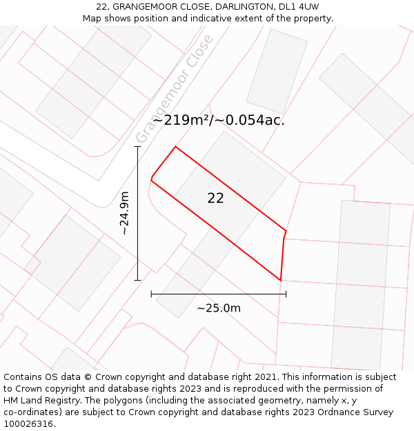 22, GRANGEMOOR CLOSE, DARLINGTON, DL1 4UW: Plot and title map