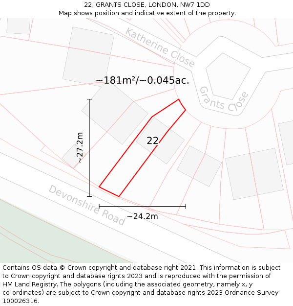 22, GRANTS CLOSE, LONDON, NW7 1DD: Plot and title map