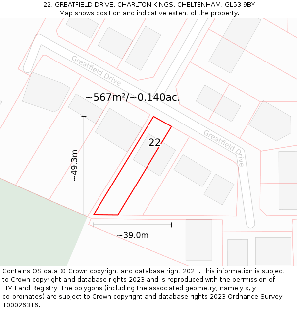 22, GREATFIELD DRIVE, CHARLTON KINGS, CHELTENHAM, GL53 9BY: Plot and title map