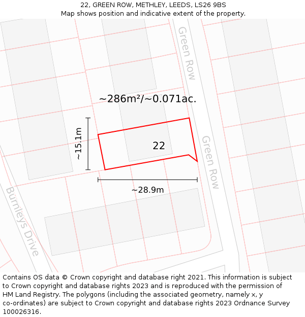 22, GREEN ROW, METHLEY, LEEDS, LS26 9BS: Plot and title map