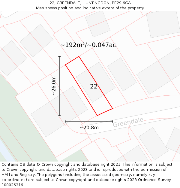 22, GREENDALE, HUNTINGDON, PE29 6GA: Plot and title map