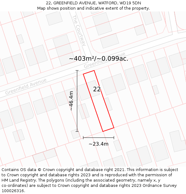 22, GREENFIELD AVENUE, WATFORD, WD19 5DN: Plot and title map