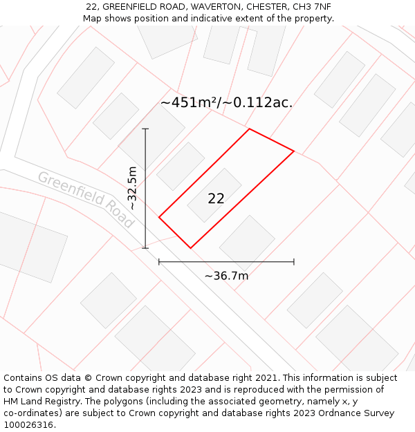 22, GREENFIELD ROAD, WAVERTON, CHESTER, CH3 7NF: Plot and title map