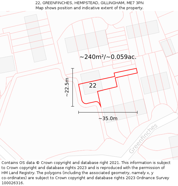 22, GREENFINCHES, HEMPSTEAD, GILLINGHAM, ME7 3PN: Plot and title map