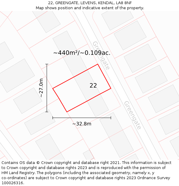 22, GREENGATE, LEVENS, KENDAL, LA8 8NF: Plot and title map