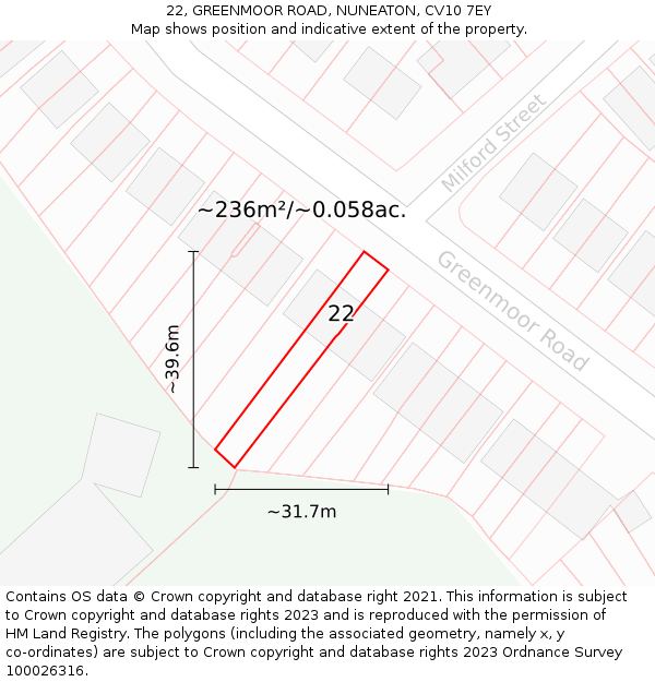 22, GREENMOOR ROAD, NUNEATON, CV10 7EY: Plot and title map