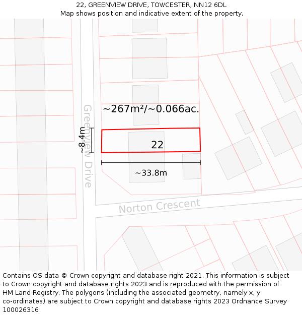 22, GREENVIEW DRIVE, TOWCESTER, NN12 6DL: Plot and title map