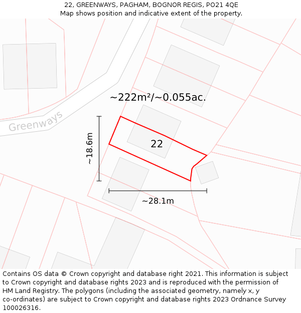 22, GREENWAYS, PAGHAM, BOGNOR REGIS, PO21 4QE: Plot and title map