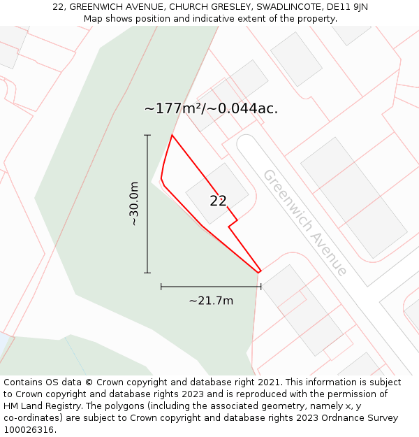 22, GREENWICH AVENUE, CHURCH GRESLEY, SWADLINCOTE, DE11 9JN: Plot and title map