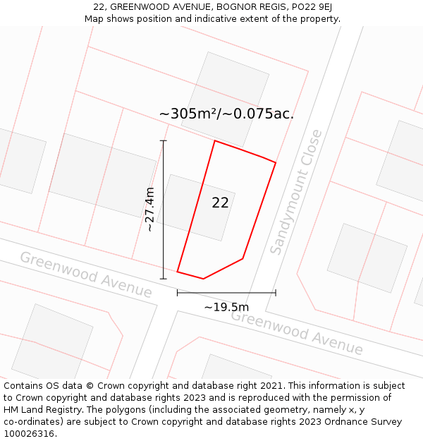 22, GREENWOOD AVENUE, BOGNOR REGIS, PO22 9EJ: Plot and title map