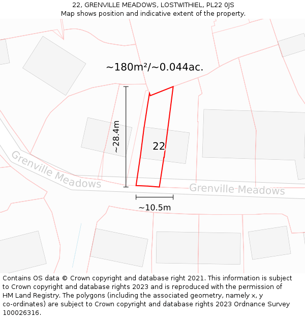 22, GRENVILLE MEADOWS, LOSTWITHIEL, PL22 0JS: Plot and title map