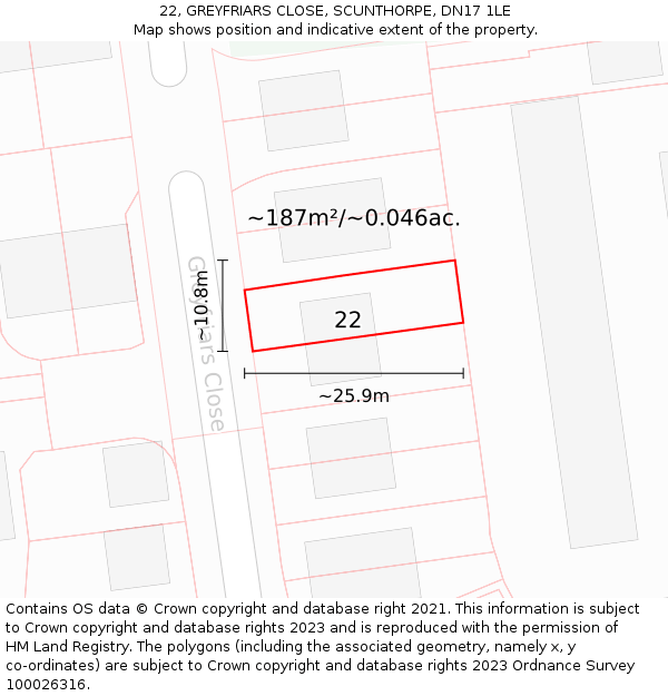 22, GREYFRIARS CLOSE, SCUNTHORPE, DN17 1LE: Plot and title map