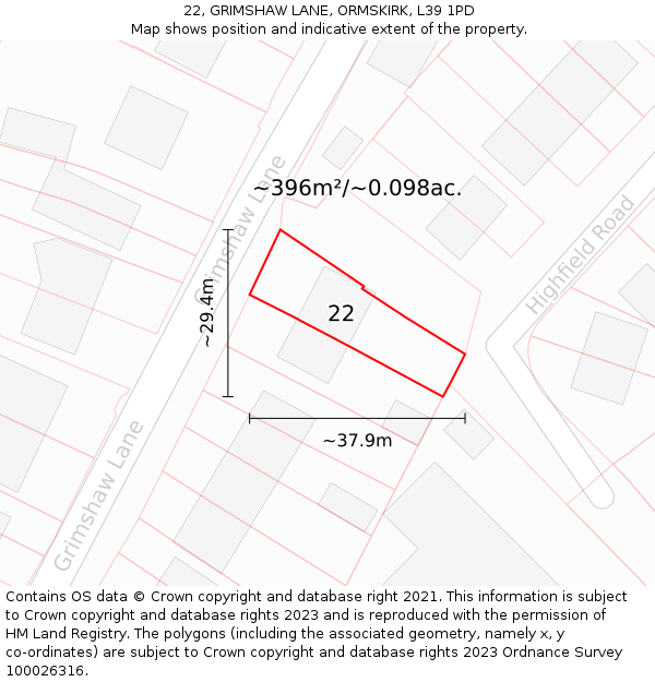 22, GRIMSHAW LANE, ORMSKIRK, L39 1PD: Plot and title map