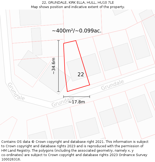 22, GRUNDALE, KIRK ELLA, HULL, HU10 7LE: Plot and title map