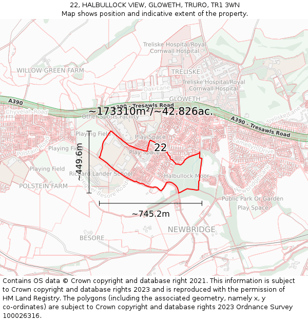 22, HALBULLOCK VIEW, GLOWETH, TRURO, TR1 3WN: Plot and title map