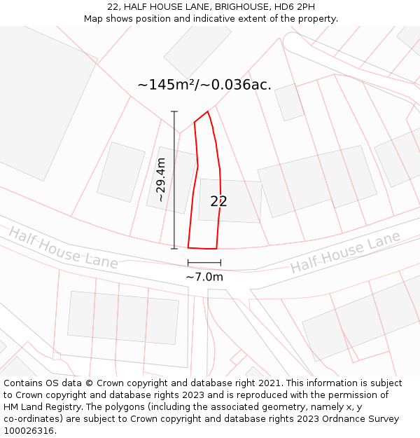 22, HALF HOUSE LANE, BRIGHOUSE, HD6 2PH: Plot and title map