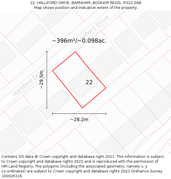 22, HALLIFORD DRIVE, BARNHAM, BOGNOR REGIS, PO22 0AB: Plot and title map