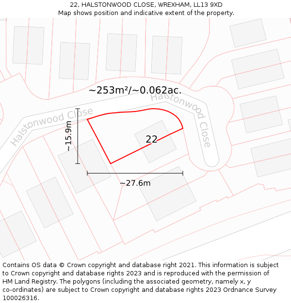 22, HALSTONWOOD CLOSE, WREXHAM, LL13 9XD: Plot and title map