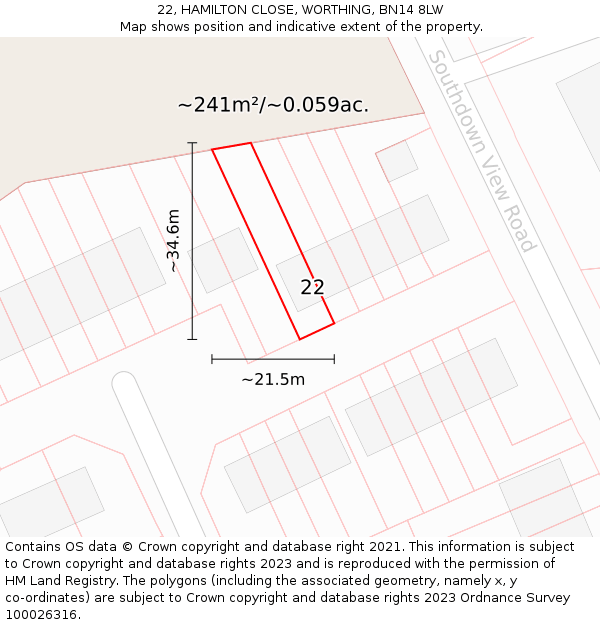 22, HAMILTON CLOSE, WORTHING, BN14 8LW: Plot and title map