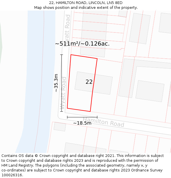 22, HAMILTON ROAD, LINCOLN, LN5 8ED: Plot and title map