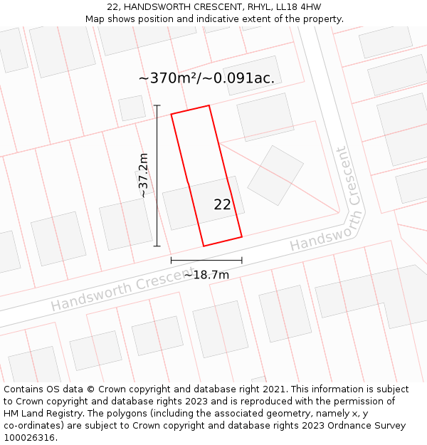 22, HANDSWORTH CRESCENT, RHYL, LL18 4HW: Plot and title map