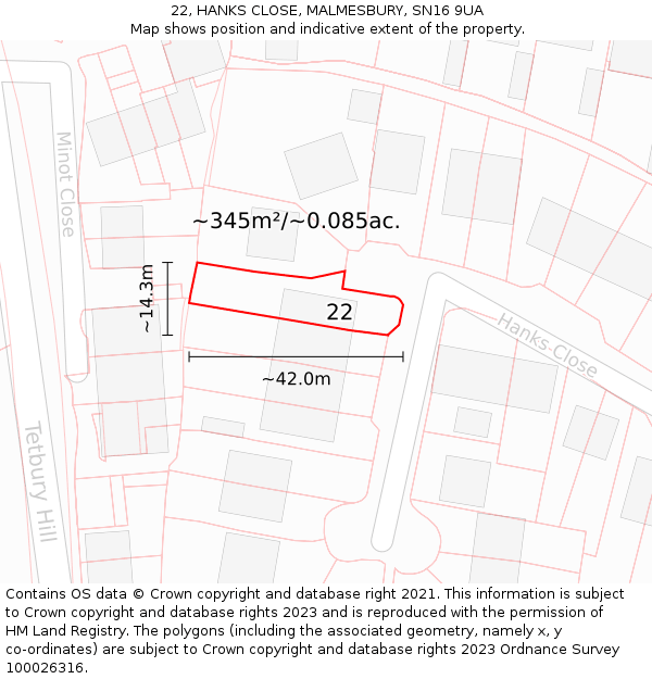 22, HANKS CLOSE, MALMESBURY, SN16 9UA: Plot and title map