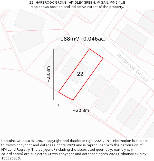 22, HARBROOK GROVE, HINDLEY GREEN, WIGAN, WN2 4UB: Plot and title map