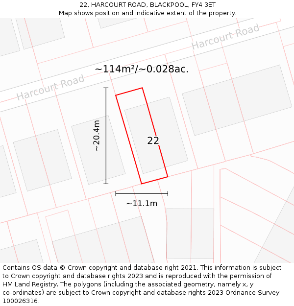 22, HARCOURT ROAD, BLACKPOOL, FY4 3ET: Plot and title map