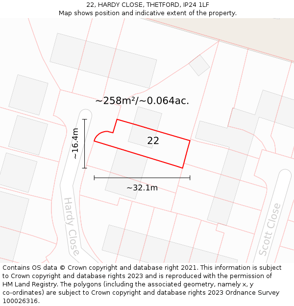 22, HARDY CLOSE, THETFORD, IP24 1LF: Plot and title map