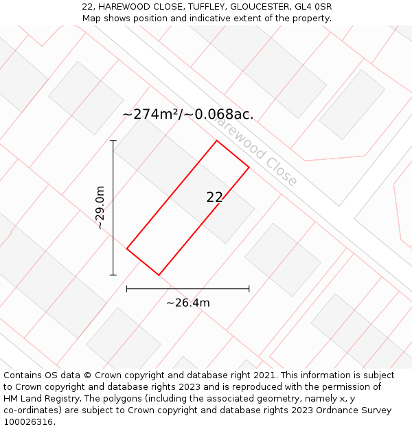 22, HAREWOOD CLOSE, TUFFLEY, GLOUCESTER, GL4 0SR: Plot and title map