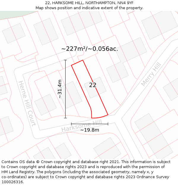 22, HARKSOME HILL, NORTHAMPTON, NN4 9YF: Plot and title map