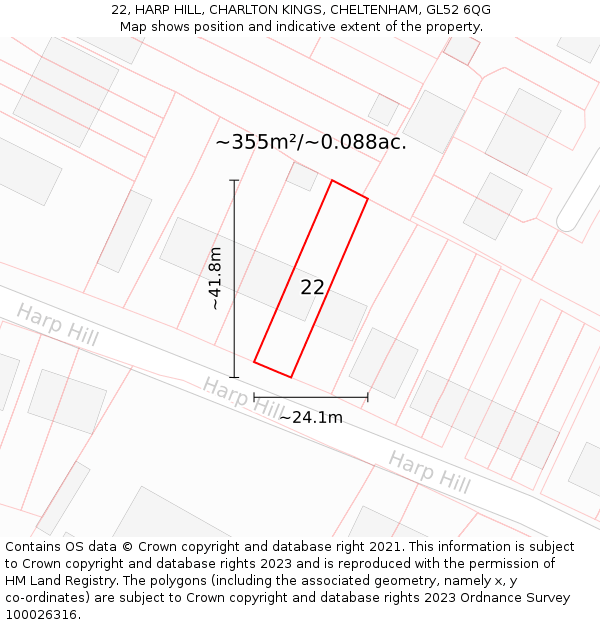 22, HARP HILL, CHARLTON KINGS, CHELTENHAM, GL52 6QG: Plot and title map