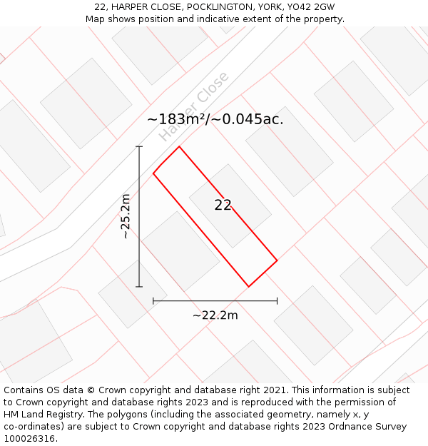 22, HARPER CLOSE, POCKLINGTON, YORK, YO42 2GW: Plot and title map