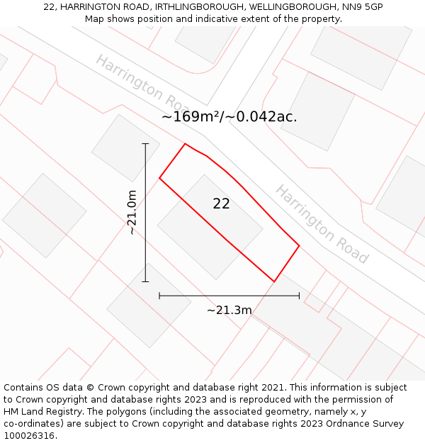 22, HARRINGTON ROAD, IRTHLINGBOROUGH, WELLINGBOROUGH, NN9 5GP: Plot and title map